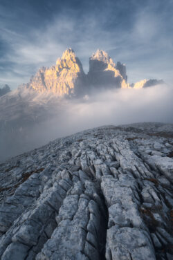 Tre Cime di Lavaredo al tramonto, fotografia di paesaggio di Carlo Pagliuca.